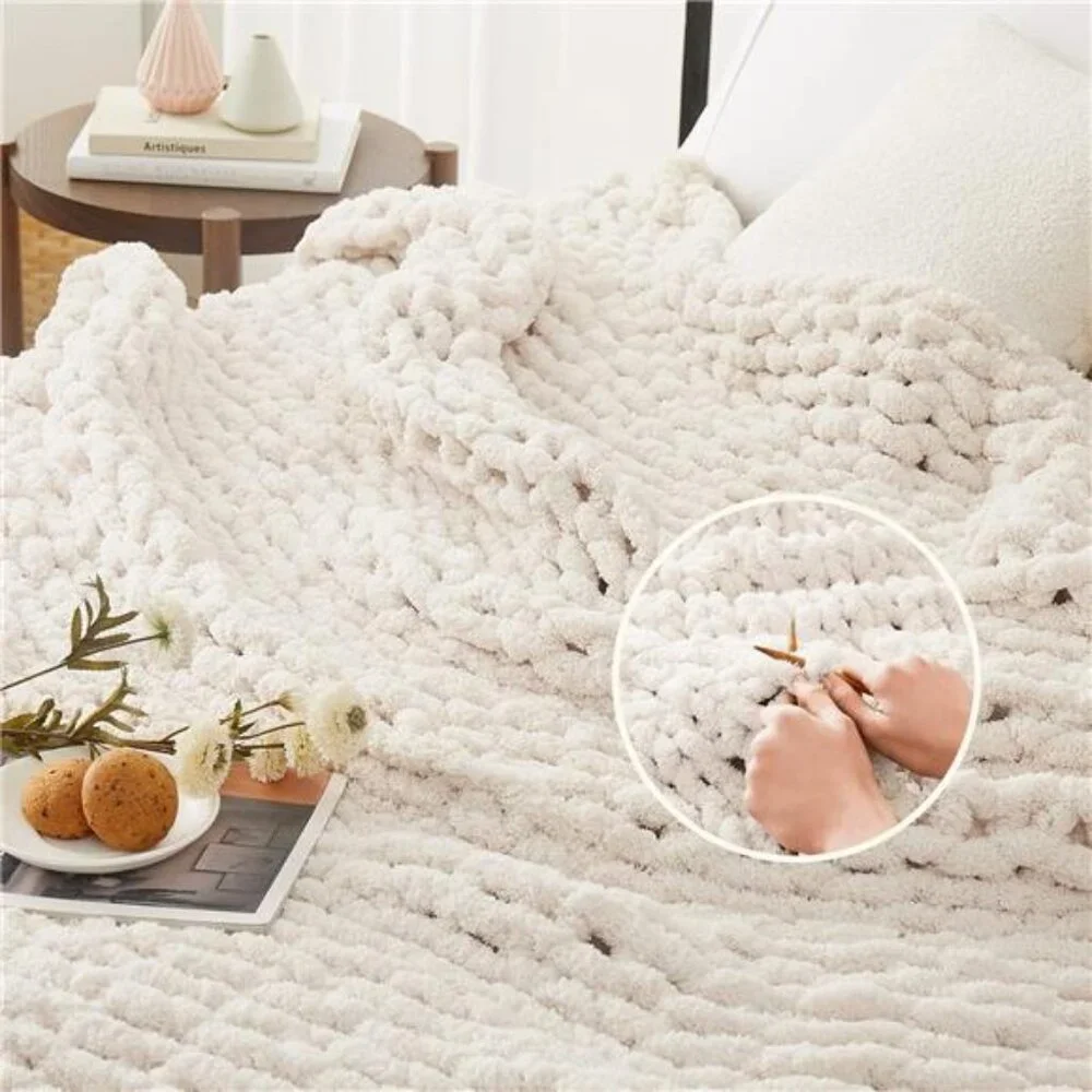 Chunky Knit Blanket Throw,Soft Chenille Yarn Throw 50x60，Handmade